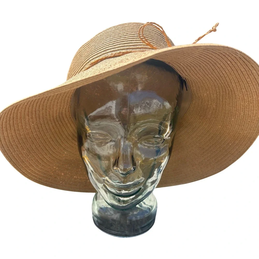 August‎ Hat Co Tan Straw Sun Hat Wide Brim Beaded Cord Summer Beach One Size